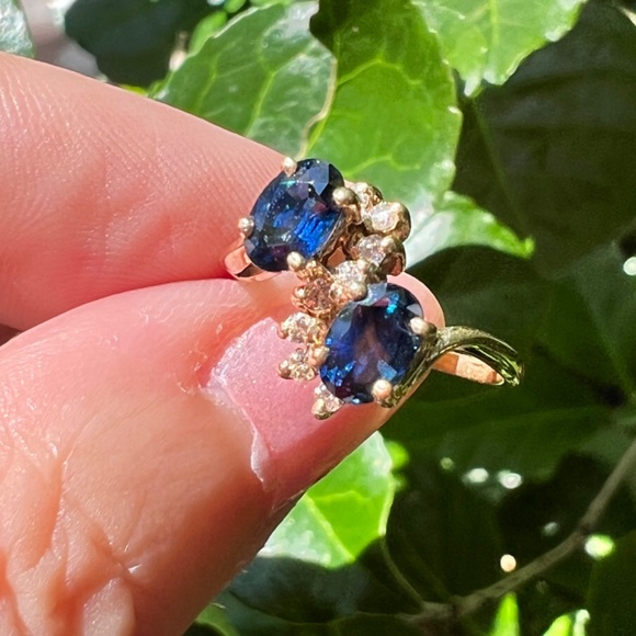 VINTAGE 14K GOLD BLUE SAPPHIRE DIAMOND TOI ET MOI RING ENGAGEMENT ANNIVERSARY - Picture 8 of 16